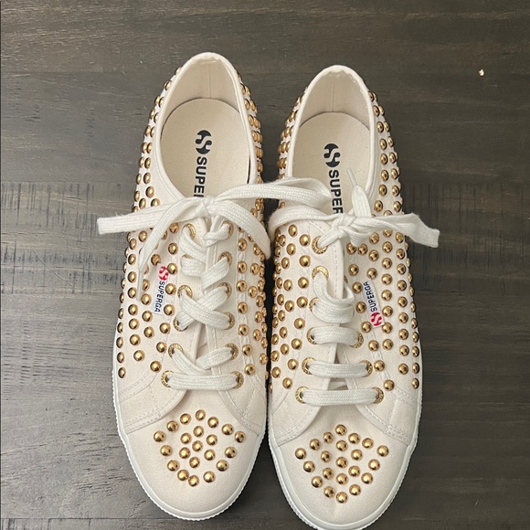 Superga Women's Cream and Gold Studded Sneakers - Picture 1 of 6